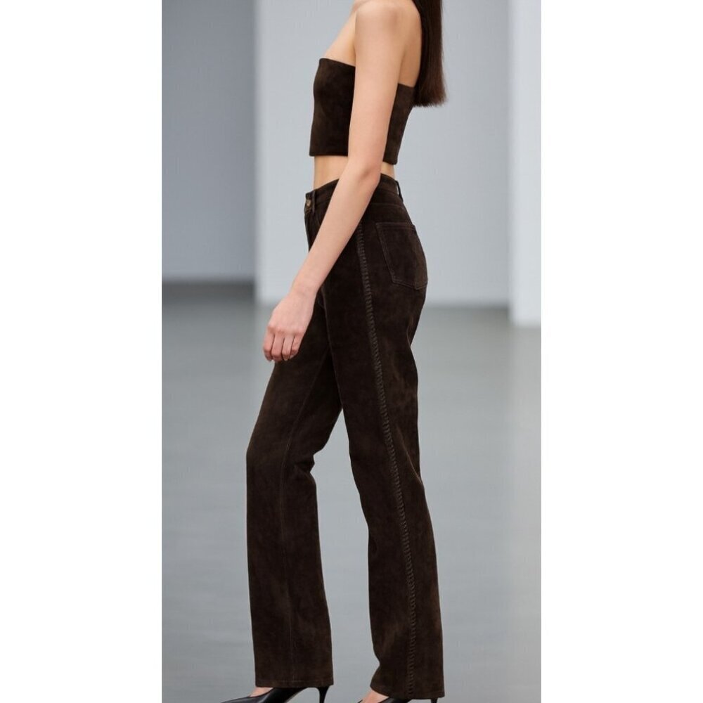 Chico's Suede Brown 100% Leather Women's Pants Size 25 Seam Detailing